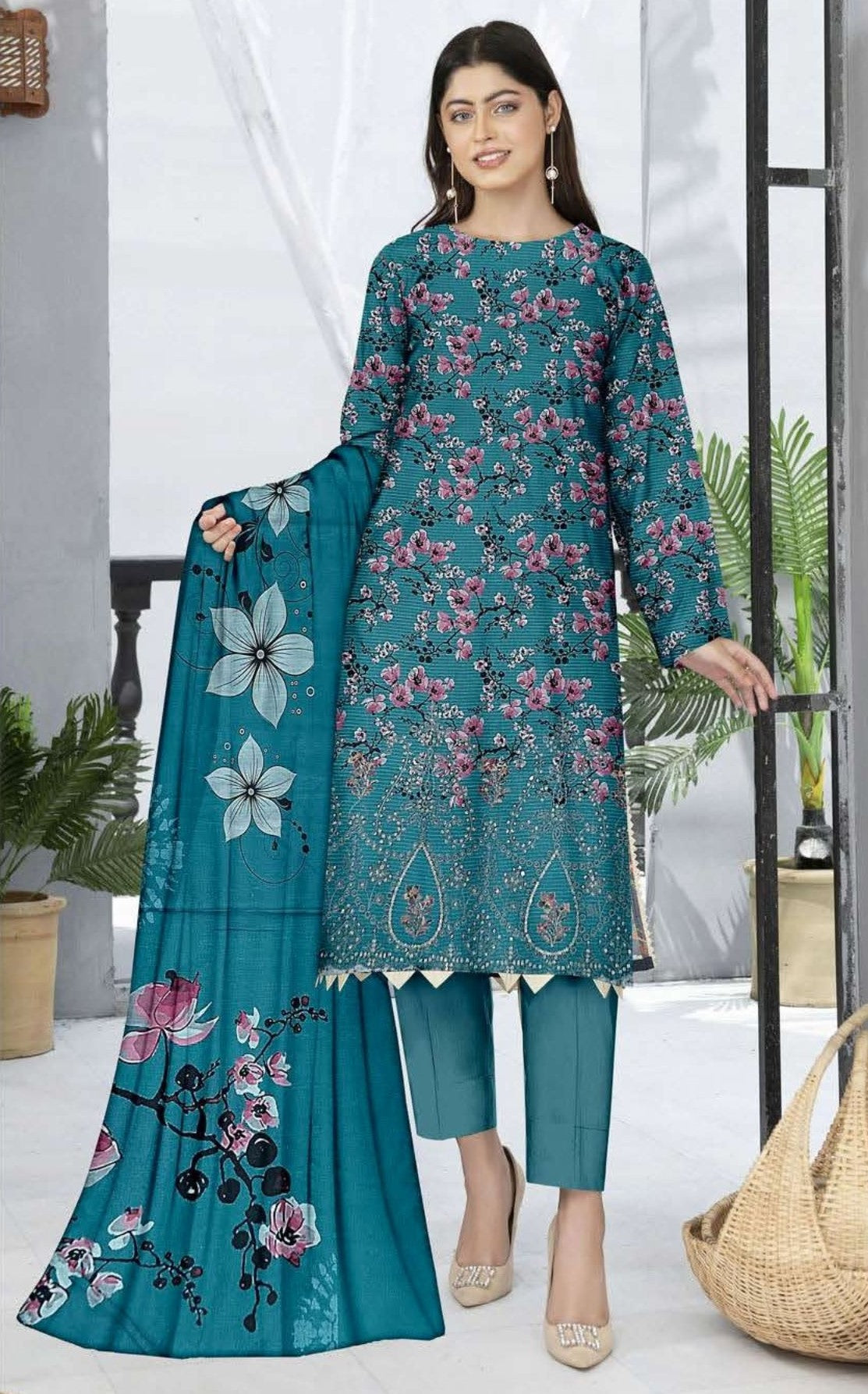 Vol 690 – Bold Charm | Digital Slub Lawn Embroidered Suit with Twin Sequin Work