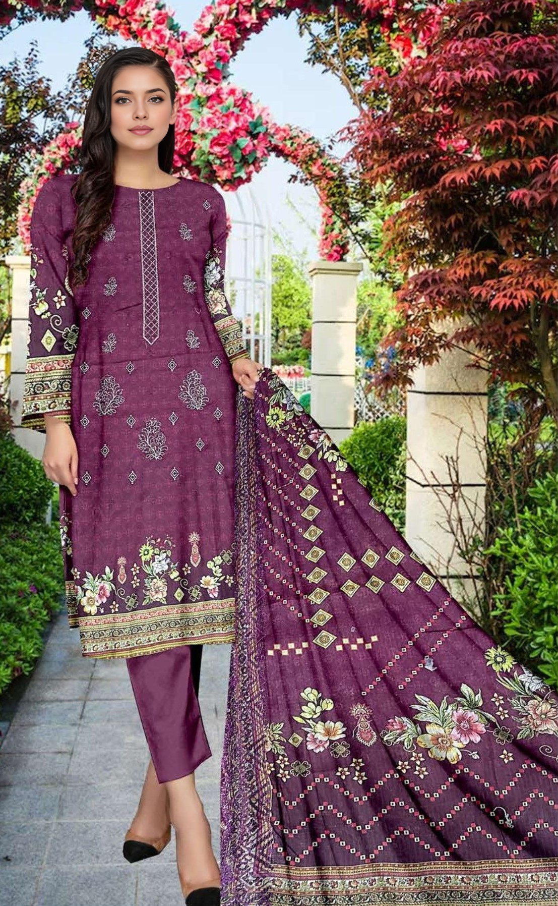 VOL 691 – Luxe Lawn Embroidered 3-Piece Suit with Sequins & Daabi Dupatta