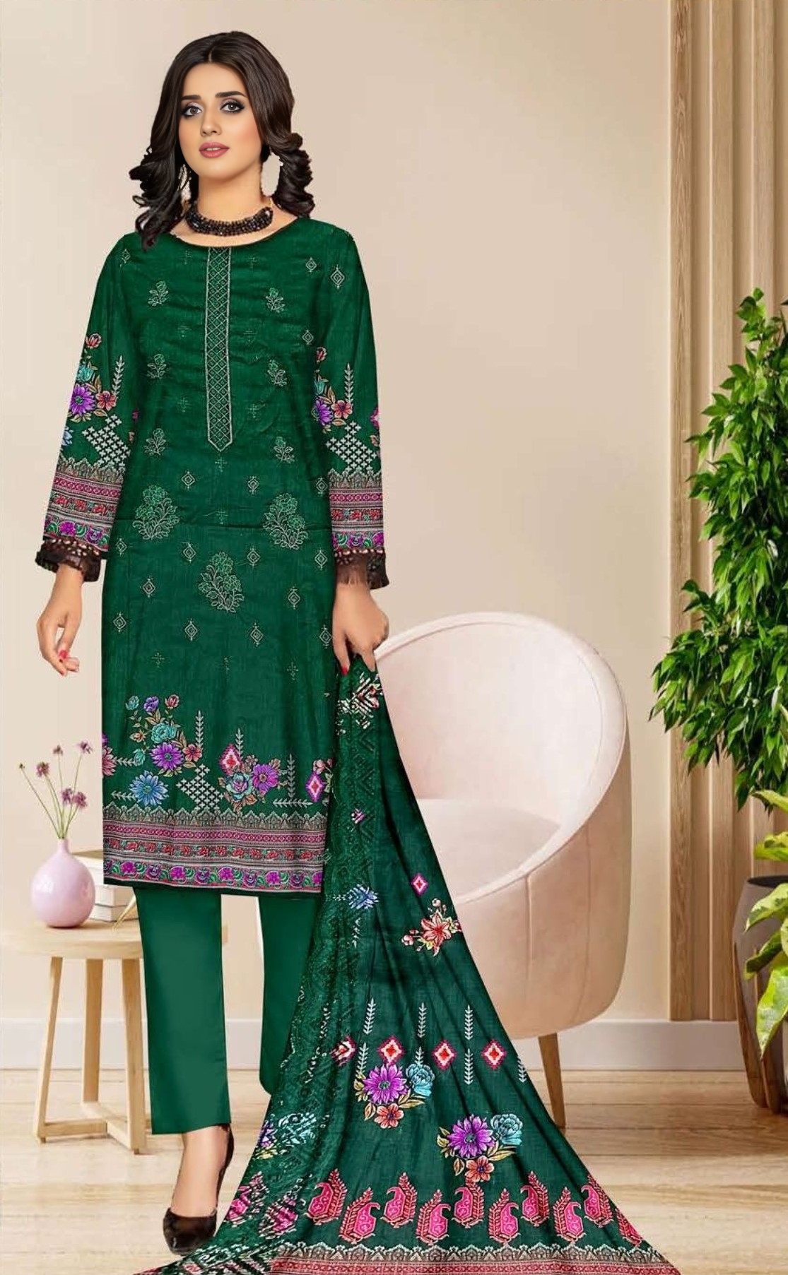 VOL 691 – Luxe Lawn Embroidered 3-Piece Suit with Sequins & Daabi Dupatta